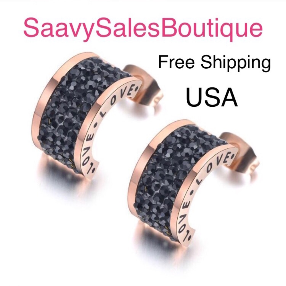 Black Rhinestone Rose Gold Love Earrings